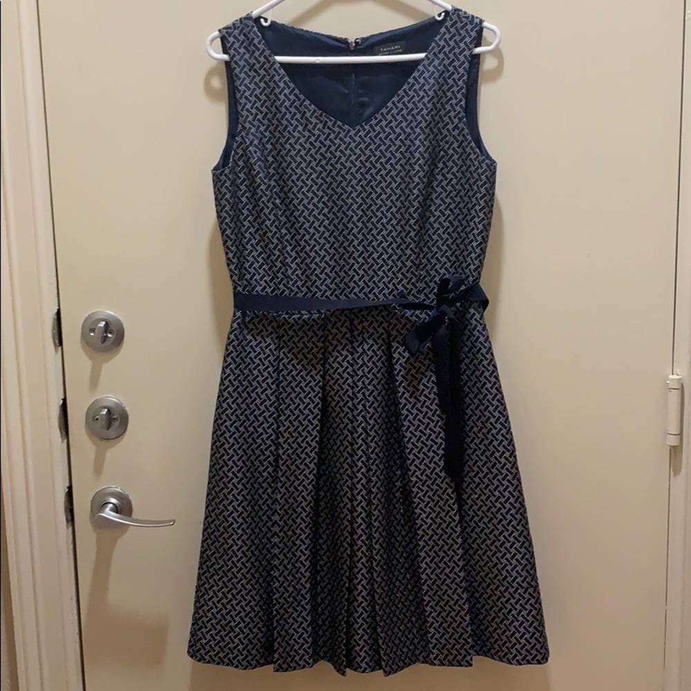 Tahari pleated navy dress with belt